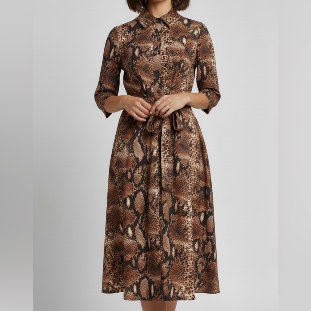 Caroline Constas Snakeskin Print 3/4 Long-Sleeve Cotton Midi Dress sz Medium NWT